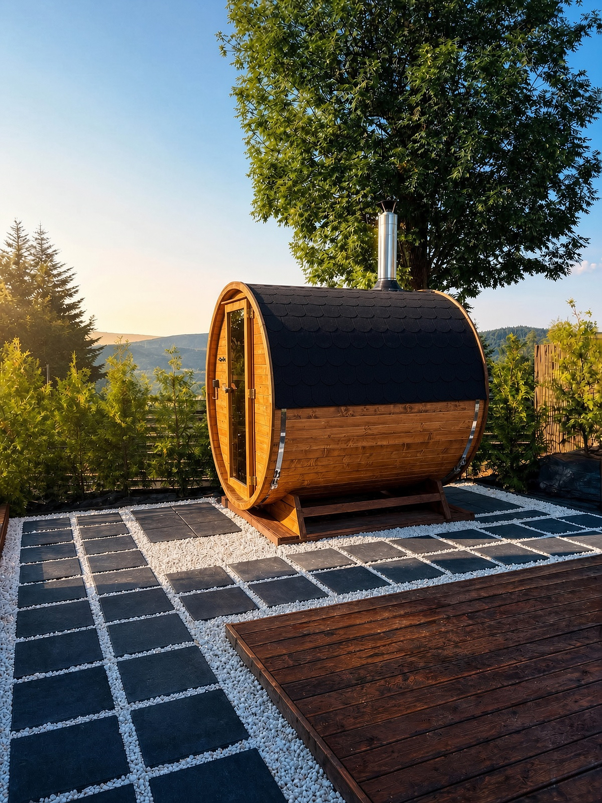Sauna beczkowa z widokiem na Beskidy