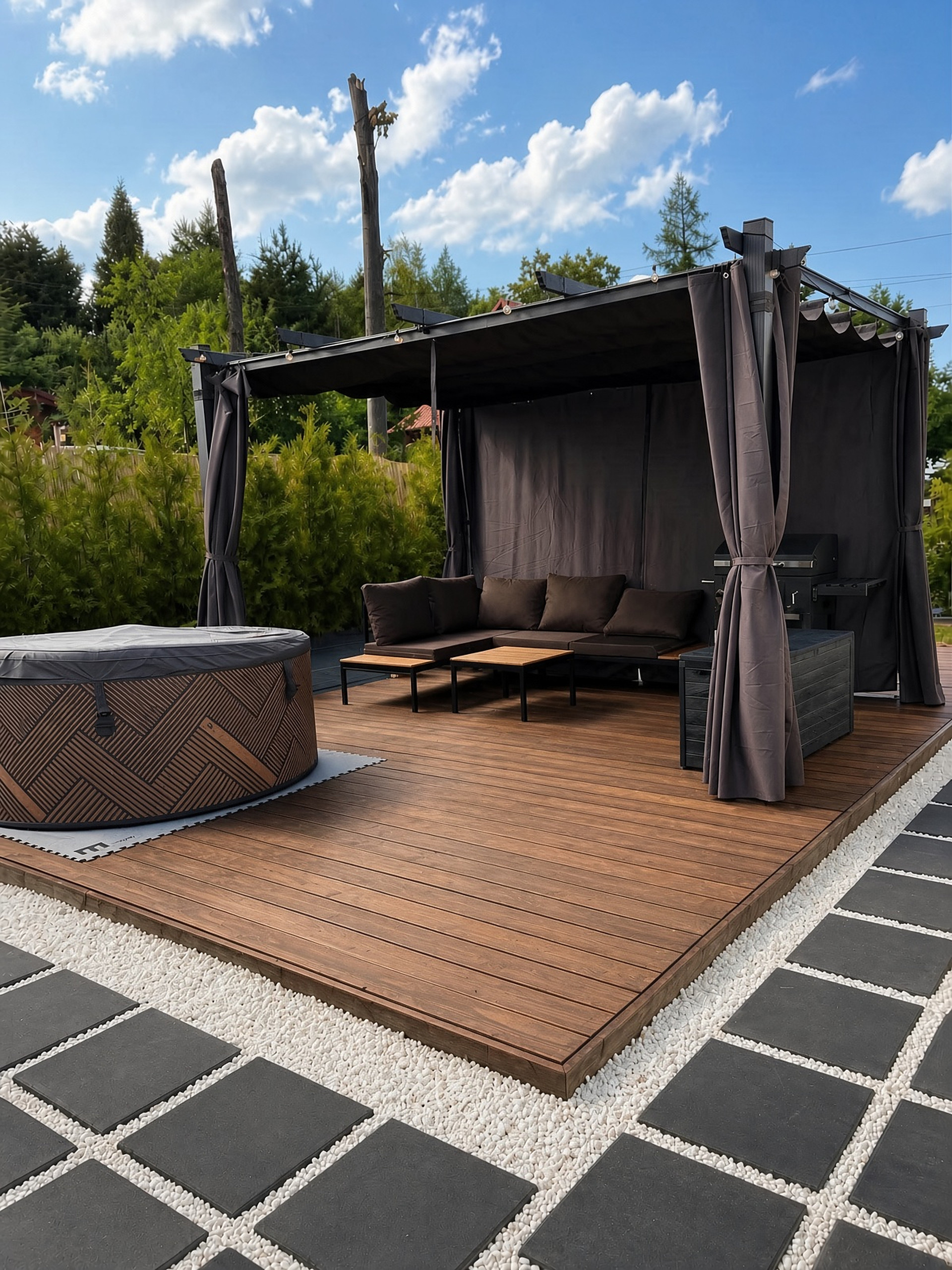 Taras z pergolą i jacuzzi
